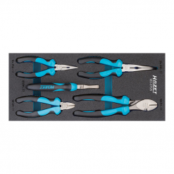 Werkzeuge – Qualität für Profis Ein Set aus sechs Zangen-Sätzen in Blau und Schwarz mit Schaumstoffpolsterung ist ordentlich in einer rechteckigen Werkzeugablage angeordnet, ideal für alle, die Werkzeug kaufen möchten. Jetzt kaufen