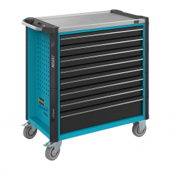 Werkzeuge – Qualität für Profis Der Werkstattwagen Assistent, ein blau-schwarzer Werkzeugwagen mit sieben Schubladen und flacher Oberseite, eignet sich perfekt zum Ordnen und Transportieren von Werkzeugen. Er ist eine hervorragende Lösung für Ihr Akkuschrauber-Set oder andere Artikel von Profi Werkzeuge kaufen. Jetzt kaufen