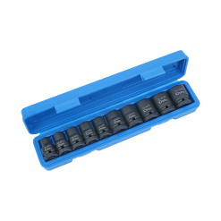 Werkzeuge – Qualität für Profis Ein blauer Kunststoffkoffer mit zehn schwarzen Steckschlüsseln in unterschiedlichen Größen, ideal für alle, die sich für den Condor Kraftsteckschlüssel-Satz, 10-tlg., 1/2", CrMo, 6-kant in den Größen 10-24 mm interessieren. Jetzt kaufen