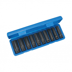 Werkzeuge – Qualität für Profis Wer in den Condor Kraftsteckschlüssel-Satz, 10-tlg., 1/2", CrMo, 6-kant 10-24 mm investieren möchte, findet in der blauen Box einen Satz schwarzer, zylindrischer Steckschlüssel in Reihenanordnung. Jetzt kaufen