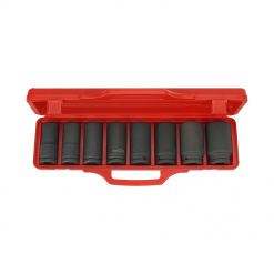 Werkzeuge – Qualität für Profis Ein Condor Kraftsteckschlüssel-Satz aus rotem Kunststoff, bestehend aus acht schwarzen Steckschlüsseln in den Größen 22-38 mm, ideal für alle, die einen umfassenden Schraubenschlüsselsatz suchen. Jetzt kaufen