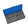 Werkzeuge – Qualität für Profis In einem blauen Koffer befindet sich das Condor Bit-Sortiment, 40-tlg., 3/8+1/2", mit einer Vielzahl an Torx-Bits übersichtlich in Fächern angeordnet, sowie zwei Adapterstücken. Perfekt für alle, die professionelles Werkzeug oder günstige Elektrowerkzeuge kaufen möchten. Jetzt kaufen