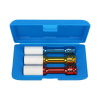 Werkzeuge – Qualität für Profis Ein blauer Koffer mit dem Condor Radmuttern-Einsätze-Set. Darin sind drei farbenfrohe Steckschlüssel mit weißen Hüllen in einer Reihe angeordnet, ideal für alle, die Werkzeug kaufen oder ihr Akkuschrauber-Set erweitern möchten. Jetzt kaufen