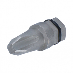 Werkzeuge – Qualität für Profis Nahaufnahme einer Komponente aus dem 37-tlg. Condor Engraum-Bitsortiment. Zu sehen ist ein Metallwerkzeugteil mit geriffeltem, konischem Ende und sechseckiger Basis sowie einem schwarzen Gummiring in der Mitte – ideal für alle, die in „Profi Werkzeuge kaufen“ investieren möchten. Jetzt kaufen