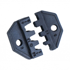 Werkzeuge – Qualität für Profis Nahaufnahme eines schwarzen, abnehmbaren Crimpmatrizensatzes mit nummerierten Einkerbungen, einem scharfen, eckigen Design und zwei runden Löchern zur Befestigung. Perfekt für Personen, die die Condor Kabelschuh-Zange kaufen oder ihre Bohrmaschine für Heimwerkerprojekte verbessern möchten. Jetzt kaufen