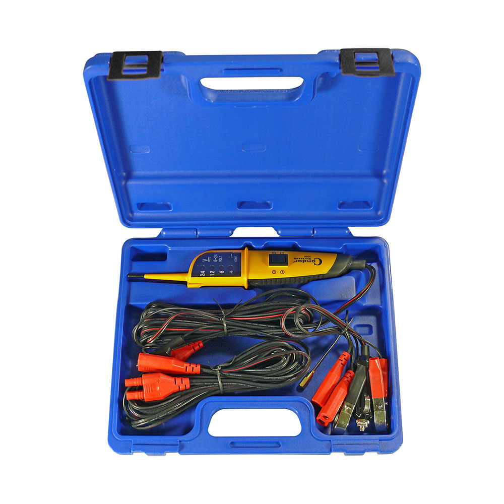 Werkzeuge – Qualität für Profis In einem blauen Kunststoffkoffer befindet sich der Condor KFZ-Multitester, 6-24 V, für Autos, LKWs und Motorräder, mit einem gelben elektrischen Tester mit angeschlossenen Kabeln und roten Krokodilklemmen – ideal für alle, die nach preisgünstigen Elektrowerkzeugen suchen. Jetzt kaufen