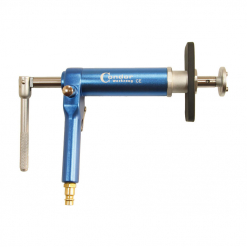 Werkzeuge – Qualität für Profis Eine blaue manuelle hydraulische Prüfpumpe mit einer Condor Drehspindel, pneumatisch, rechts- und linksdrehend mit Griff und Druckmesseraufsatz. Jetzt kaufen