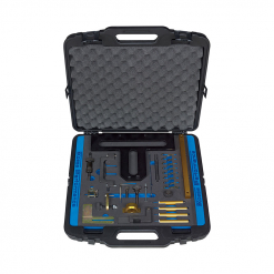 Werkzeuge – Qualität für Profis Offener schwarzer Werkzeugkoffer mit Schaumstoffpolsterung enthält verschiedene blaue und goldene Werkzeuge, darunter den vielseitigen Condor Motoreinstell-Werkzeug-Satz für BMW N42/46/46T-Motoren, alles ordentlich angeordnet in Schlitzen. Jetzt kaufen