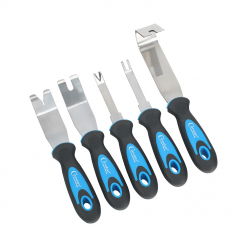 Werkzeuge – Qualität für Profis Satz mit fünf in einer Reihe angeordneten Zierleisten-Entfernungswerkzeugen mit ergonomischen blauen und schwarzen Griffen, ideal für alle, die ihren Werkzeugkasten kostengünstig erweitern möchten, genau wie beim Kauf eines Condor Clip-Entferner-Satzes, 5-tlg., rostfrei. Jetzt kaufen