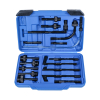 Werkzeuge – Qualität für Profis Der Condor Adapter-Satz, 17-tlg., für Getriebeölpumpen wird in einem blauen Werkzeugkoffer geliefert, der sich öffnet und einen übersichtlich angeordneten Schraubenschlüsselsatz freigibt, in dem verschiedene schwarze Autowerkzeuge in Fächern untergebracht sind. Perfekt für alle, die zuverlässige Ausrüstung kaufen möchten. Jetzt kaufen