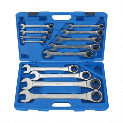 Werkzeuge – Qualität für Profis Ein blauer Werkzeugkoffer aus Kunststoff, ideal für den Kauf von Profi-Werkzeugen, enthält einen 13-teiligen Satz Condor-Ratschenring- und Maulschlüssel von 8-32 mm, alles übersichtlich angeordnet für einfachen Zugriff. Jetzt kaufen