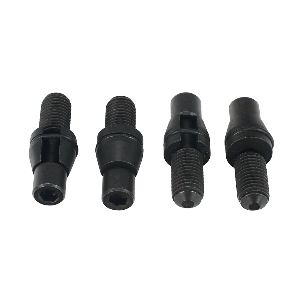 Werkzeuge – Qualität für Profis Ein Satz Condor Unterrahmen-Positionierungsbolzen, 4-tlg., M12, VAG mit schwarzen Metallbolzen mit Gewinde und glattem, zylindrischem Mittelteil, in einer Reihe auf weißem Hintergrund angeordnet – perfekt für Ihre Bohrmaschine für Heimwerker-Projekte. Jetzt kaufen