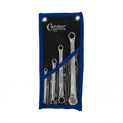 Werkzeuge – Qualität für Profis Ein Satz von vier Condor-Ringschlüsseln mit E-Profil, Modell E6-24, wird in einer blau-schwarzen Werkzeugtasche mit transparenter Vorderseite geliefert, ideal für alle, die Profi-Werkzeuge kaufen möchten. Jetzt kaufen