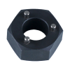 Werkzeuge – Qualität für Profis Ein schwarzes, sechseckiges Metallwerkzeug mit einem zentralen Loch und drei kleinen zylindrischen Vorsprüngen auf einer Seite, perfekt für alle, die ihren Condor Gerüstbau-Ratschenschlüssel, 19 x 22 mm, erweitern möchten. Jetzt kaufen
