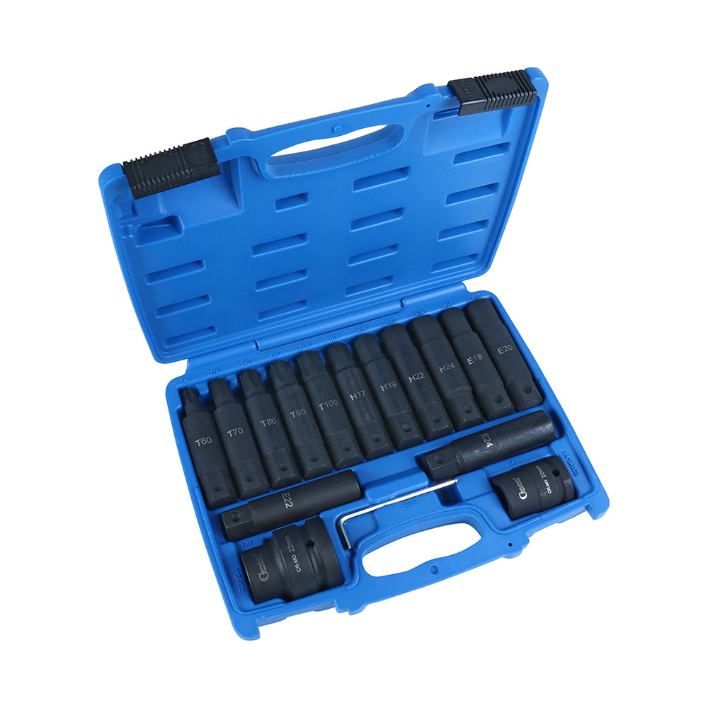 Werkzeuge – Qualität für Profis Ein blauer Kunststoffkoffer mit einem Satz schwarzer Steckschlüssel in verschiedenen Größen, ideal für alle, die den Condor Spezial-Bitsatz für LKW, 16-tlg., 3/4+1", CrMo kaufen oder Ihre Bohrmaschine für Heimwerker-Sammlung erweitern möchten. Jetzt kaufen