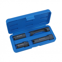 Werkzeuge – Qualität für Profis Ein blaues Kunststoffetui mit zwei schwarzen zylindrischen Werkzeugen und einem Tragegriff, ideal für einen günstigen Condor LKW-Zapfenschlüssel-Satz, 4-tlg. Jetzt kaufen