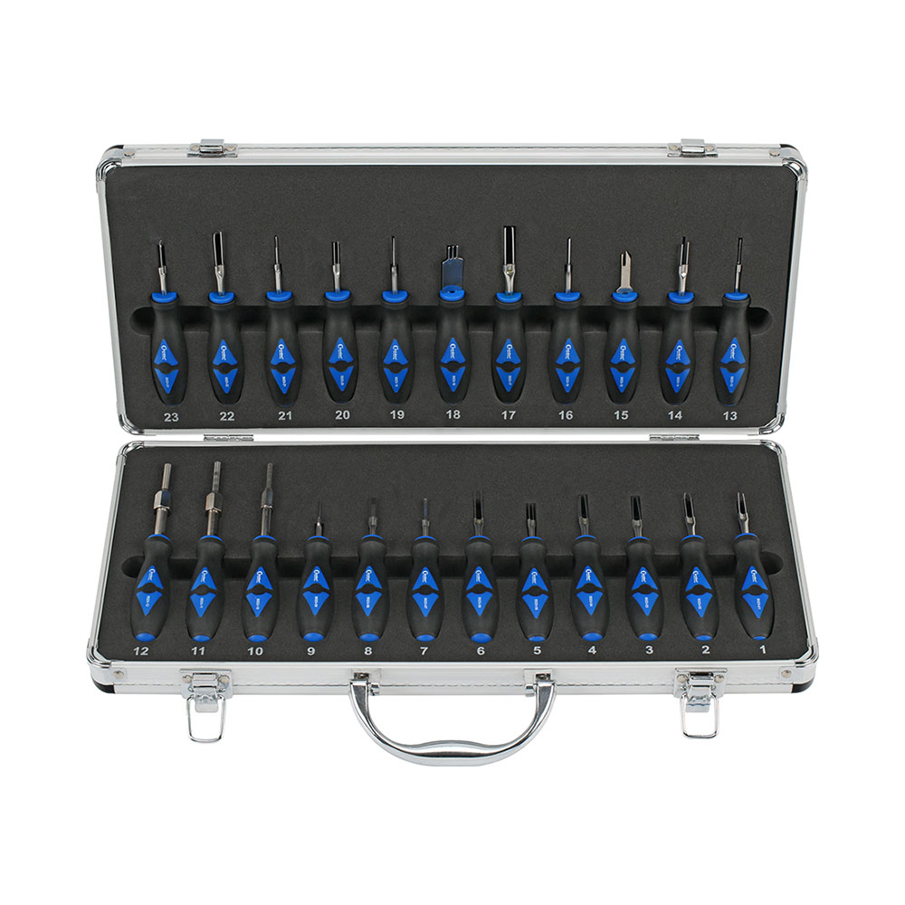 Werkzeuge – Qualität für Profis Der 23-teilige Condor Entriegelungs-Werkzeug-Satz ist ein ideales Set zum Werkzeugkauf. Er besteht aus einem offenen, grauen Etui mit nummerierten Fächern, in dem die Präzisionsschraubendreher in Blau und Schwarz übersichtlich aufbewahrt werden können. Jetzt kaufen