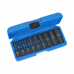 Werkzeuge – Qualität für Profis In einem blauen Kunststoffkoffer ist der Condor Kraftsteckschlüssel-Satz enthalten, ein Set aus neun schwarzen E-Profil-Schlagsteckschlüsseln in den Größen E10 bis E24, ideal für alle, die ein Werkzeug kaufen möchten. Jetzt kaufen