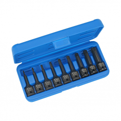 Werkzeuge – Qualität für Profis Ein blauer Kunststoffkoffer mit acht in einer Reihe angeordneten schwarzen Sechskant-Bit-Nüssen aus Kohlenstoffstahl, perfekt für alle, die Werkzeuge kaufen und ihre Sammlung erweitern möchten, wie zum Beispiel der Condor Kraftsteckschlüssel-Satz, 9-tlg., 1/2", Vielzahn M4-16. Jetzt kaufen