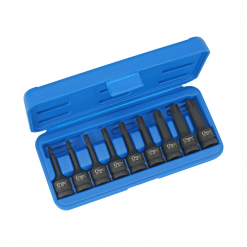 Werkzeuge – Qualität für Profis Ein blauer Kunststoffkoffer mit neun Sechskant-Bit-Nüssen, ideal für Ihr Akkuschrauber-Set, übersichtlich in einer Reihe angeordnet – wir präsentieren den Condor Kraftsteckschlüssel-Satz, 9-tlg., 1/2", Keilnut M5-14. Jetzt kaufen