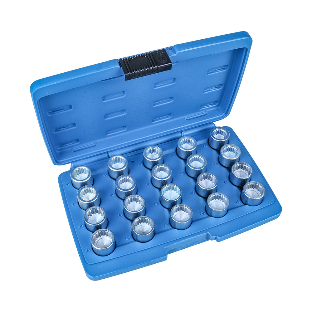 Werkzeuge – Qualität für Profis Ein blaues Kunststoffgehäuse mit 20 speziellen Felgenschlüsseln für VAG- und Porsche-Fahrzeuge ist ordentlich in drei Reihen angeordnet und eignet sich perfekt für Ihre Heimwerkerprojekte. Mit geöffnetem Deckel ist es genauso verlockend wie eine Bohrmaschine für Heimwerker oder ein unverzichtbares Schraubenschlüssel-Set für jeden Werkzeugkasten. Jetzt kaufen