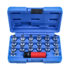 Werkzeuge – Qualität für Profis Ein blauer Kunststoffkoffer enthält einen speziellen Steckschlüsselsatz aus Metall, einschließlich eines einzigartigen roten Werkzeugs, perfekt ergänzt durch den Condor Felgenschloß-Spezial-Schlüsselsatz, 21-tlg., BMW / Mini. Ideal für alle, die günstige Elektrowerkzeuge suchen. Jetzt kaufen