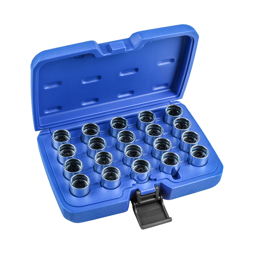 Werkzeuge – Qualität für Profis Blauer Kunststoffkoffer mit mehreren in Reihen angeordneten Innensechskantschlüsseln aus Metall, ideal für alle, die professionelle Werkzeuge wie den 20-teiligen Condor Felgenschloß-Spezial-Schlüsselsatz für Audi kaufen möchten. Jetzt kaufen