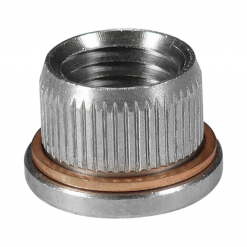 Werkzeuge – Qualität für Profis Nahaufnahme einer Metallgewindebuchse mit geriffelter Außenseite und flachem Boden, ideal für Heimwerker, die den Condor Gewindereparatur-Satz für Bremssattel-Führungsbolzen, M12x1,5 verwenden. Sie verfügt über einen markanten kupferfarbenen Ring am unteren Ende, der sich nahtlos an Ihr bewährtes Akkuschrauber-Set anpasst. Jetzt kaufen