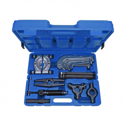 Werkzeuge – Qualität für Profis Ein blauer Koffer mit einem Condor Hydraulik-Abziehersatz, universell, 10t, mit verschiedenen Komponenten, die ordentlich in dafür vorgesehenen Fächern angeordnet sind – perfekt für alle, die ihre Werkzeugsammlung erweitern möchten. Ein idealer Begleiter neben einem Akkuschrauber-Set für umfassende Autoreparaturen. Jetzt kaufen