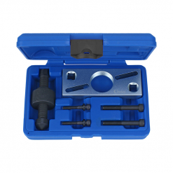 Werkzeuge – Qualität für Profis Blauer Condor Riemenscheiben-Abzieher aus Kunststoff, Universalkoffer zum Kauf erhältlich, mit einem Werkzeugsatz zum Abziehen der Kurbelwellen-Riemenscheibe mit verschiedenen Metallkomponenten, einschließlich Schrauben und Beschlägen, alle in dafür vorgesehenen Fächern untergebracht. Jetzt kaufen