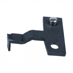 Werkzeuge – Qualität für Profis Ein schwarzer Metallriegel mit gebogenem Arm und zwei Löchern, an einem davon ist ein Metallbolzen angebracht – ideal für die Montage des Condor-Ausrichtwerkzeugs für Kurbelwellenriemenscheibe, Ford oder für alle, die nach günstigen Elektrowerkzeugen suchen. Jetzt kaufen