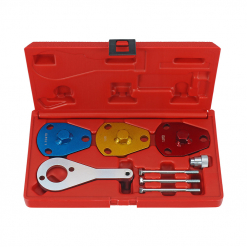 Werkzeuge – Qualität für Profis Der Condor Motoreinstell-Werkzeug-Satz, Fiat 1.7/1.9 D/TD wird in einem roten Werkzeugkoffer geliefert und enthält eine Vielzahl von Kfz-Riemenscheibenwerkzeugen, wie z. B. drei Metallplatten in Blau, Gelb und Rot, einen silbernen Schraubenschlüssel aus unserem Schraubenschlüssel-Set kaufen, Bolzen und ein Zubehörteil. Es ist perfekt für Heimwerker, die ihre Sammlung mit hochwertigen Werkzeugen erweitern möchten. Jetzt kaufen