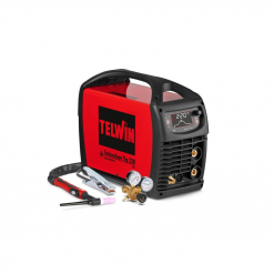 Werkzeuge – Qualität für Profis Ein TELWIN TECHNOLOGY TIG230 DC-HF/LIFT VRD230V+A Schweißgerät in Rot und Schwarz, dargestellt mit einer digitalen Anzeige, Kabeln, Messgeräten und einem Brenneraufsatz in der Front. Jetzt kaufen