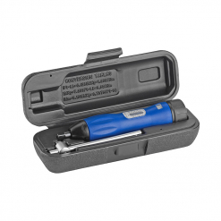 Werkzeuge – Qualität für Profis Ein Condor Drehmomentschlüssel, 1/4", 2-10 Nm, in blauer Ausführung ist sorgfältig in einem schwarzen Kunststoffetui untergebracht, das auf der Innenseite des Deckels Umrechnungstabellen aufweist – eine ideale Wahl für alle, die den Schraubenschlüsselsatz in Betracht ziehen. Jetzt kaufen