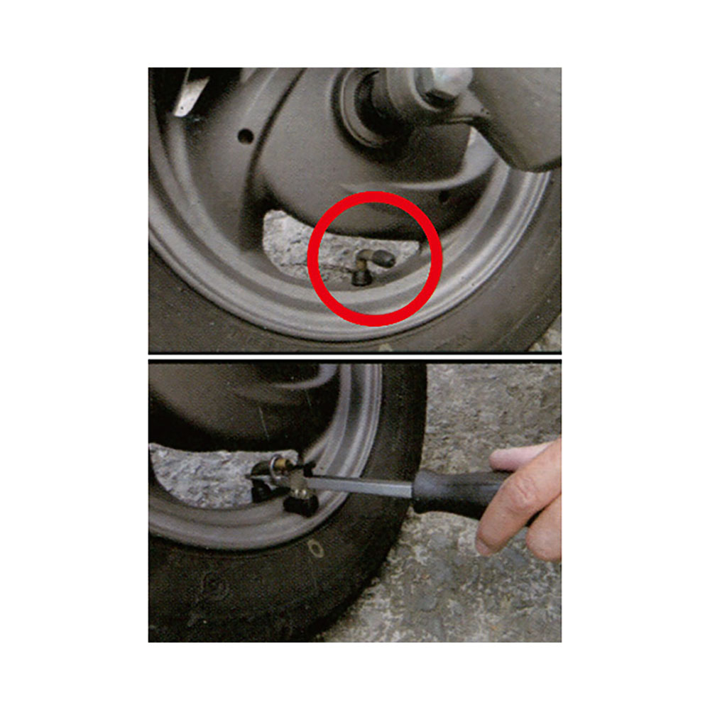 Werkzeuge – Qualität für Profis Mit dem für abgewinkelte Ventile konzipierten Condor Reifenventil De-/Montagewerkzeug können Sie einen Ventilschaftkern in einem rot umkreisten Felgenteil eines Autoreifens präzise lösen. Dies unterstreicht die Genauigkeit, die Sie mit Spezialwerkzeugen erreichen können. Erwägen Sie die Ergänzung Ihrer Sammlung um ein Akkuschrauber-Set für vielseitigere und effizientere Reparaturen. Jetzt kaufen