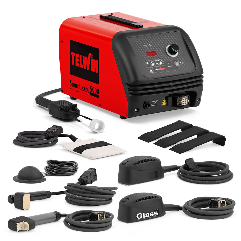 Werkzeuge – Qualität für Profis Das TELWIN SMART INDUCTOR 5000 200-240V DELUXE +ACC ist ein rotes Schweißgerät mit diversem Zubehör, darunter Kabel, Klemmen und Schutzkomponenten. Jetzt kaufen