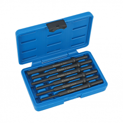 Werkzeuge – Qualität für Profis In einem blauen Kunststoffkoffer ist ein Condor Bolzenaustreiber-Satz enthalten, bestehend aus sechs schwarzen Werkzeugen unterschiedlicher Größe für einen DL-Meisselhammer, ø 10 mm, übersichtlich in einer Reihe angeordnet. Jetzt kaufen