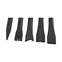 Werkzeuge – Qualität für Profis Fünf Meißelköpfe in Schwarz in unterschiedlichen Formen und Größen werden nebeneinander präsentiert – ideale Begleiter für Ihren DL-Meisselhammer. Jetzt kaufen