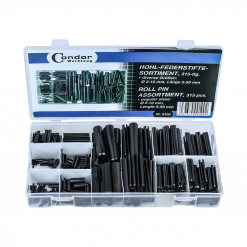 Werkzeuge – Qualität für Profis Eine offene Kunststoffbox mit der Aufschrift „Condor Hohl-Federstifte-Sortiment, 315-tlg., ø 2-10 mm, 5-50 mm lang“ enthält ein Sortiment schwarzer Spannstifte in verschiedenen Größen, perfekt für Ihr nächstes Projekt. Kombinieren Sie sie mit einem Schraubenschlüssel-Set, um sicherzustellen, dass Sie für jede Aufgabe voll ausgestattet sind. Jetzt kaufen