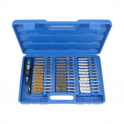 Werkzeuge – Qualität für Profis Ein blauer Koffer mit Griff auf der linken Seite, der das 38-teilige Condor Bürsten-Sortiment mit Reinigungsbürsten in verschiedenen Größen und Materialien, darunter Stahl, Nylon und Messing (ø 8-19 mm), enthält, ist ideal für alle, die ihre Profi Werkzeuge kaufen-Sammlung organisieren möchten. Jetzt kaufen