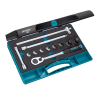 Werkzeuge – Qualität für Profis Der Schraubendreher-Steckschlüsseleinsatz Satz enthält verschiedene Steckschlüssel, zwei Verlängerungsstangen, eine Ratsche und einen Griff, die alle in einem robusten blauen Kunststoffkoffer untergebracht sind. Jetzt kaufen