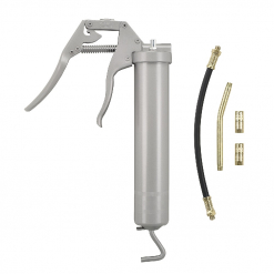 Werkzeuge – Qualität für Profis Die Pressol Einhandfettpresse-EHFP, G 1/8''-PZ-GRDR-2 x MU wird in Silberausführung gezeigt und verfügt über einen angeschlossenen Schlauch, zwei Metallrohraufsätze und zwei Messinganschlüsse – alles auf Schmieraufgaben zugeschnitten – perfekt für Profis, die hochwertige Werkzeuge oder umfassende Sets ähnlich dem Schraubenschlüssel-Set kaufen suchen. Jetzt kaufen