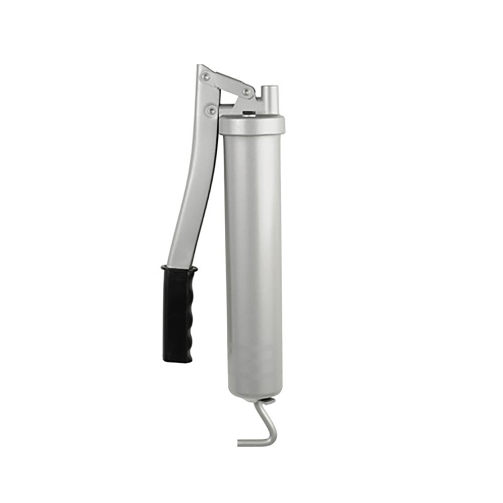 Werkzeuge – Qualität für Profis Eine Pressol Standardfettpresse-HHFP in Silber mit schwarzem Griff und Haken an der Unterseite, ideal für Heimwerker, präsentiert vor weißem Hintergrund. Perfekt für alle, die hochwertige Elektrowerkzeuge günstig suchen, um ihr Werkzeugset zu vervollständigen. Jetzt kaufen