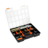 Werkzeuge – Qualität für Profis Der Pressol Industrie-Zubehörsatz-M 10 x 1 ist ein offener Organizer aus schwarzem Kunststoff mit verschiedenen Schrauben und Kleinteilen in verschiedenen Fächern, mit transparentem Deckel und orangefarbenen Trennwänden – ideal für die übersichtliche Aufbewahrung Ihres Werkzeugkaufs. Jetzt kaufen