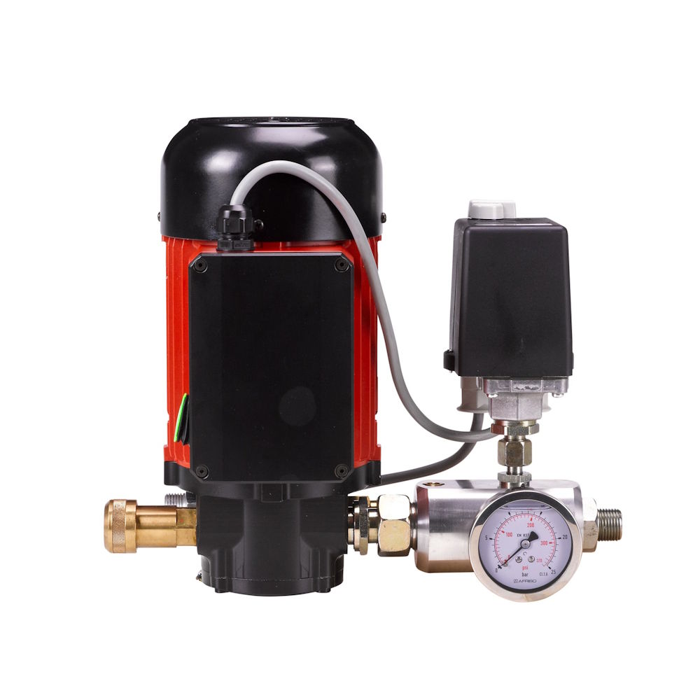 Werkzeuge – Qualität für Profis Die Pressol Ölpumpe Zahnradpumpe 10 l/min-Set verfügt über einen rot-schwarzen Motor, einen angebauten Druckschalter, Anschlusskabel und ein PSI-Manometer. Jetzt kaufen