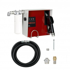 Werkzeuge – Qualität für Profis Wir präsentieren den Pressol DIESELMAxx 100 l/min-230 V, 50 Hz-EUS-EBZM-F-ZVAD-6 m: ein Zapfsäulen-Set mit rot-weißer Pumpe, schwarzem Schlauch, Zapfpistole, Filter und verschiedenen Anschlüssen auf weißem Hintergrund. Dies ist die ideale Ergänzung zu Ihrer Bohrmaschine für Heimwerker und bietet umfassende Lösungen für die Instandhaltung Ihres Zuhauses. Jetzt kaufen