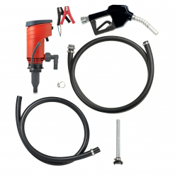 Werkzeuge – Qualität für Profis Das Kraftstoff-Transferpumpen-Kit Pressol PREMAxx 43 l/min-11,4 gpm, 24 V-DC-ABK-ZVA-4 m verfügt über einen markanten roten Motor, eine schwarze Düse, verschiedene Schläuche, Schlauchschellen, ein stabiles Metallrohr und Starthilfekabel auf weißem Hintergrund – perfekt für Personen, die ihren Werkzeugkasten erweitern und die Optionen zum Kauf von Profi-Werkzeugen erkunden möchten. Jetzt kaufen