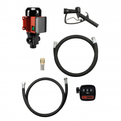 Werkzeuge – Qualität für Profis Der Pressol ROTAxx 60 l/min-230 V-1~AC, 50 Hz-EUS-ZVPP-EBZM-4 m mit roter Pumpe, Düse, zwei Schläuchen, Anschlussstück und digitalem Messgerät auf weißem Hintergrund – perfekt für alle, die professionelles Werkzeug suchen. Jetzt kaufen