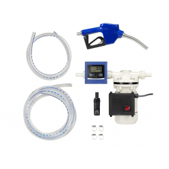 Werkzeuge – Qualität für Profis Pressol Urea-Elektromembranpumpe-35 l/min-230 V-1~AC, ZVAUD-EBZDU mit blauer Düse, digitalem Durchflussmesser, Pumpe, Schläuchen und Klemmen, ordentlich angeordnet auf weißem Hintergrund. Perfekt für Heimwerker, die wissen, wie wichtig die richtigen Werkzeuge in ihrem Set sind, ähnlich wie bei der Auswahl der idealen Bohrmaschine für Heimwerker. Jetzt kaufen