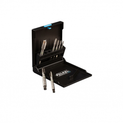 Werkzeuge – Qualität für Profis Ein Satz GRÜNRING-Maschinengewindebohrer VÖLKEL Form B, hergestellt aus HSS-E und entsprechend der Normen DIN 371/376, mit einem schwarzen Koffer mit offenem Deckel, perfekt für jedes Akkuschrauber-Set, das Sie besitzen. Jetzt kaufen